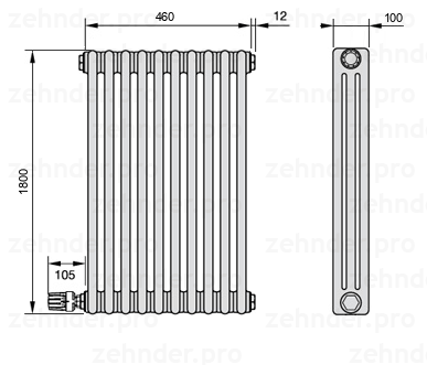 Схема (чертеж) Радиатор Zehnder Charleston 3180/10 №V004 Белый глянцевый RAL 9016